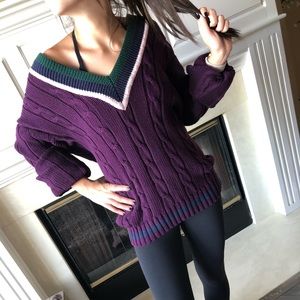 90s VTG purple cable knit cotton v neck sweater